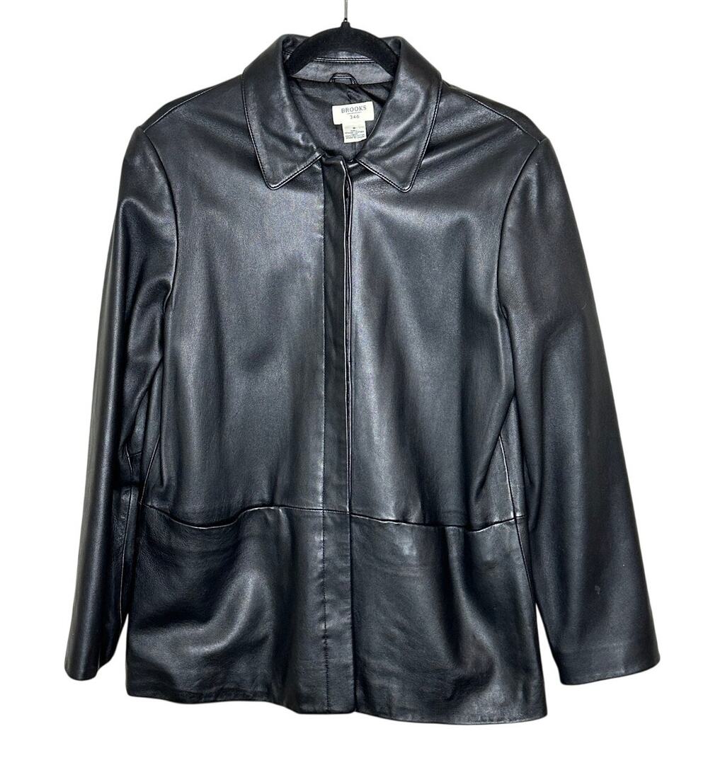 Brooks Brothers 346 Black Genuine Leather Jacket Fly Front Hidden Buttons M